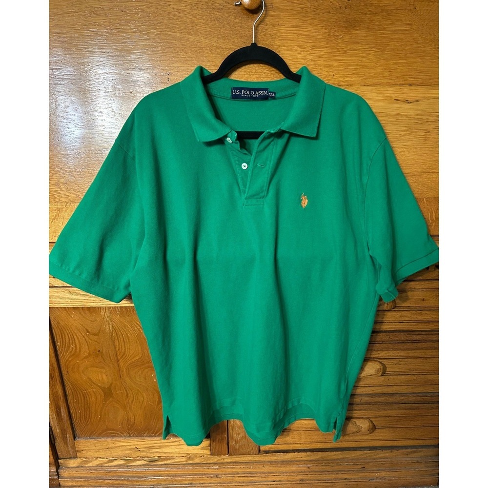 US Polo Assn Mens XXL Green Short Sleeve Pique Polo Shirt Orange Pony Logo